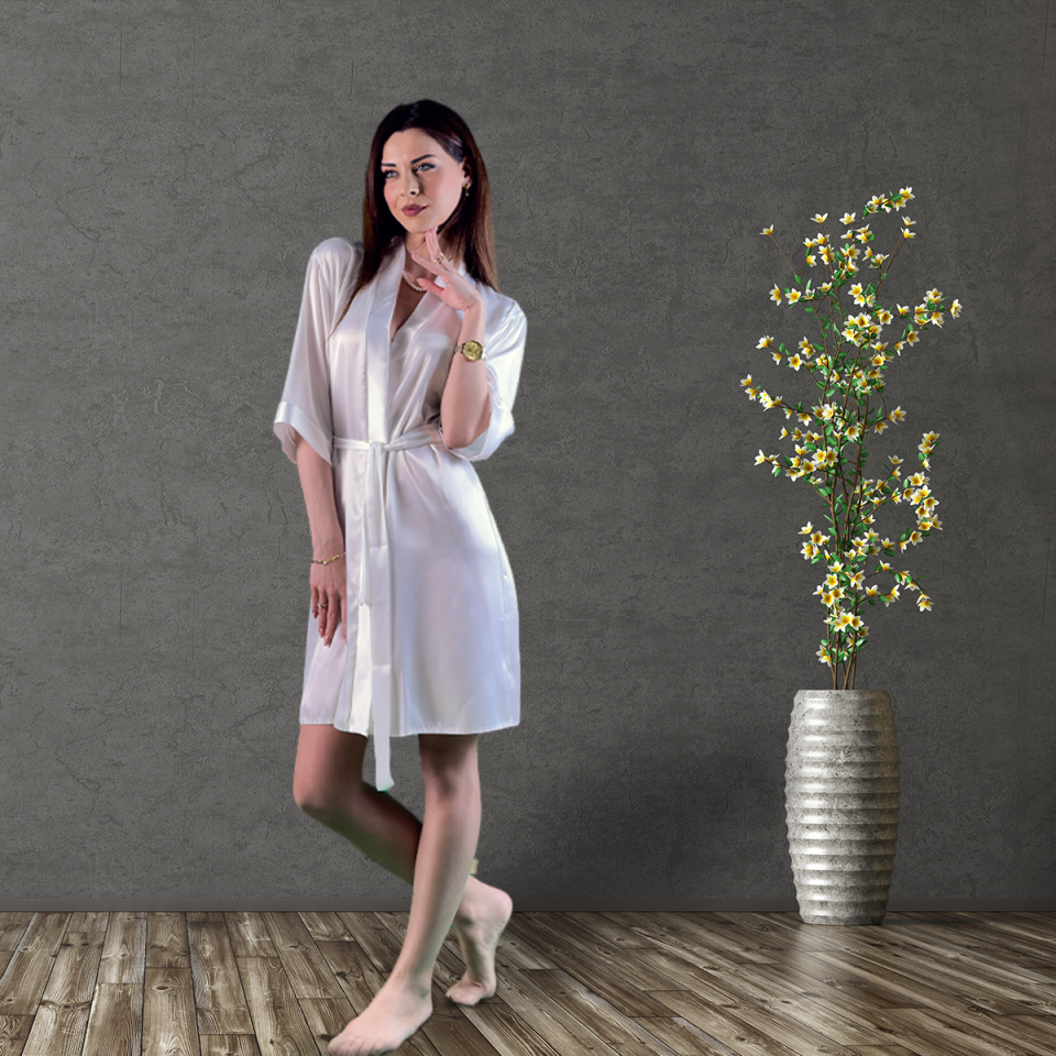 Beyaz Kısa Saten Kimono | Kadın İpek Sabahlık | Lüks Ev Giyimi & Hediye Seçeneği XL