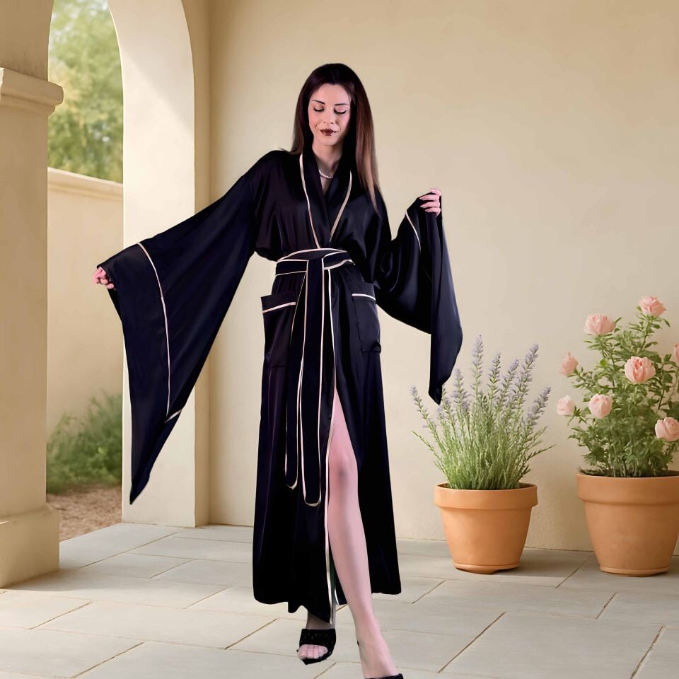 Siyah Uzun Saten Kimono | Kadın Lüks Sabahlık | Geniş Kollu Kuşaklı Model XL