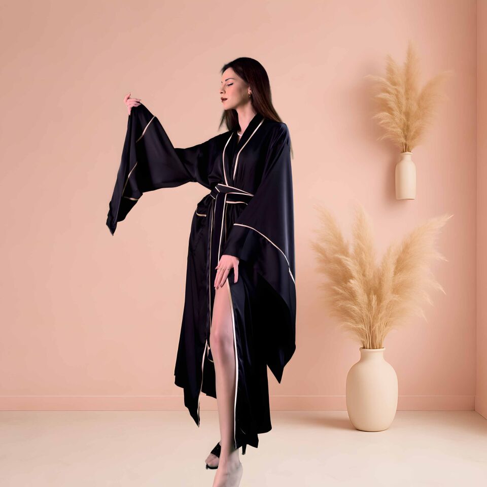 Siyah Uzun Saten Kimono | Kadın Lüks Sabahlık | Geniş Kollu Kuşaklı Model XL