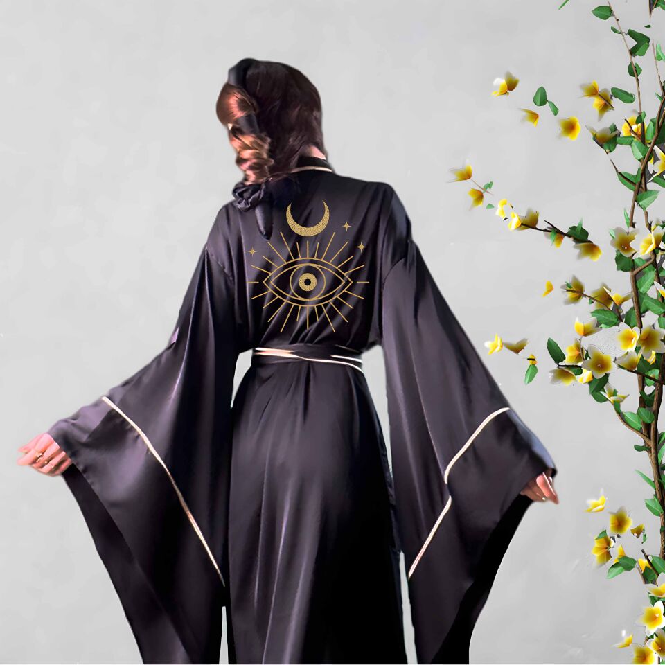 Siyah Uzun Saten Kimono | Kadın Lüks Sabahlık | Geniş Kollu Kuşaklı Model XL