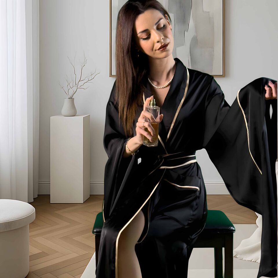 Siyah Uzun Saten Kimono | Kadın Lüks Sabahlık | Geniş Kollu Kuşaklı Model XL