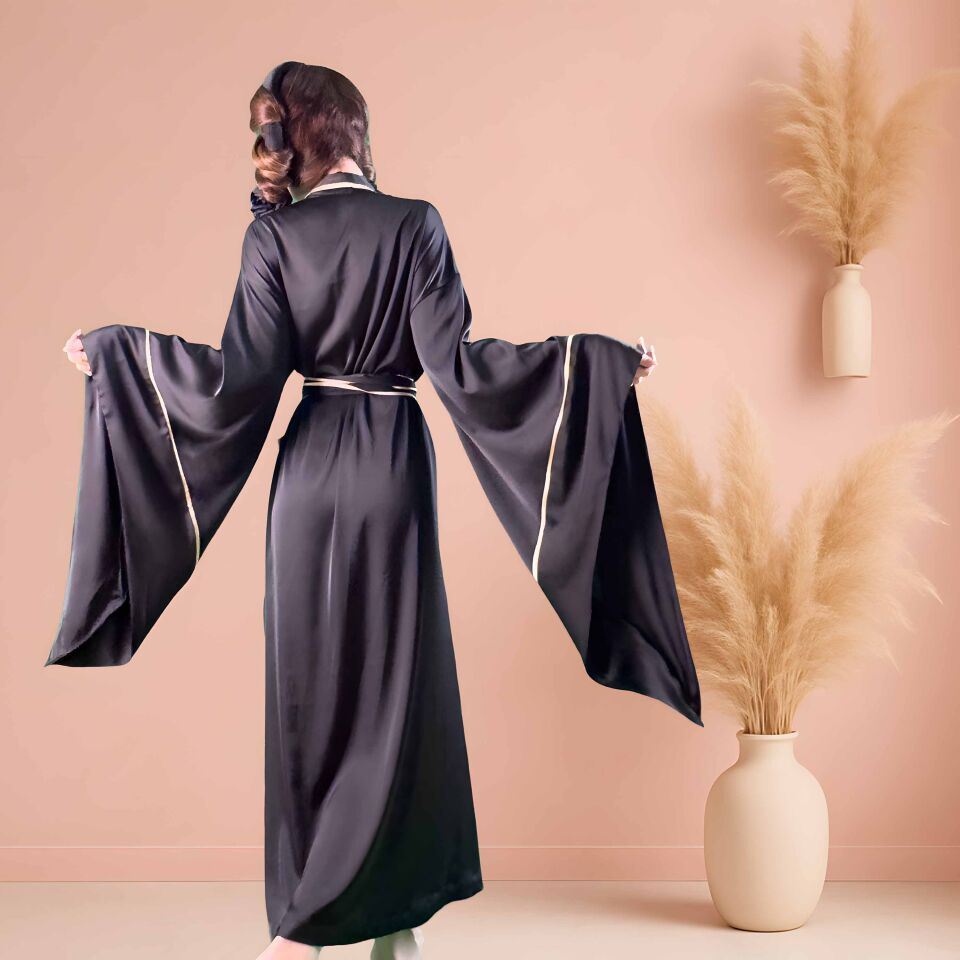 Siyah Uzun Saten Kimono | Kadın Lüks Sabahlık | Geniş Kollu Kuşaklı Model XL