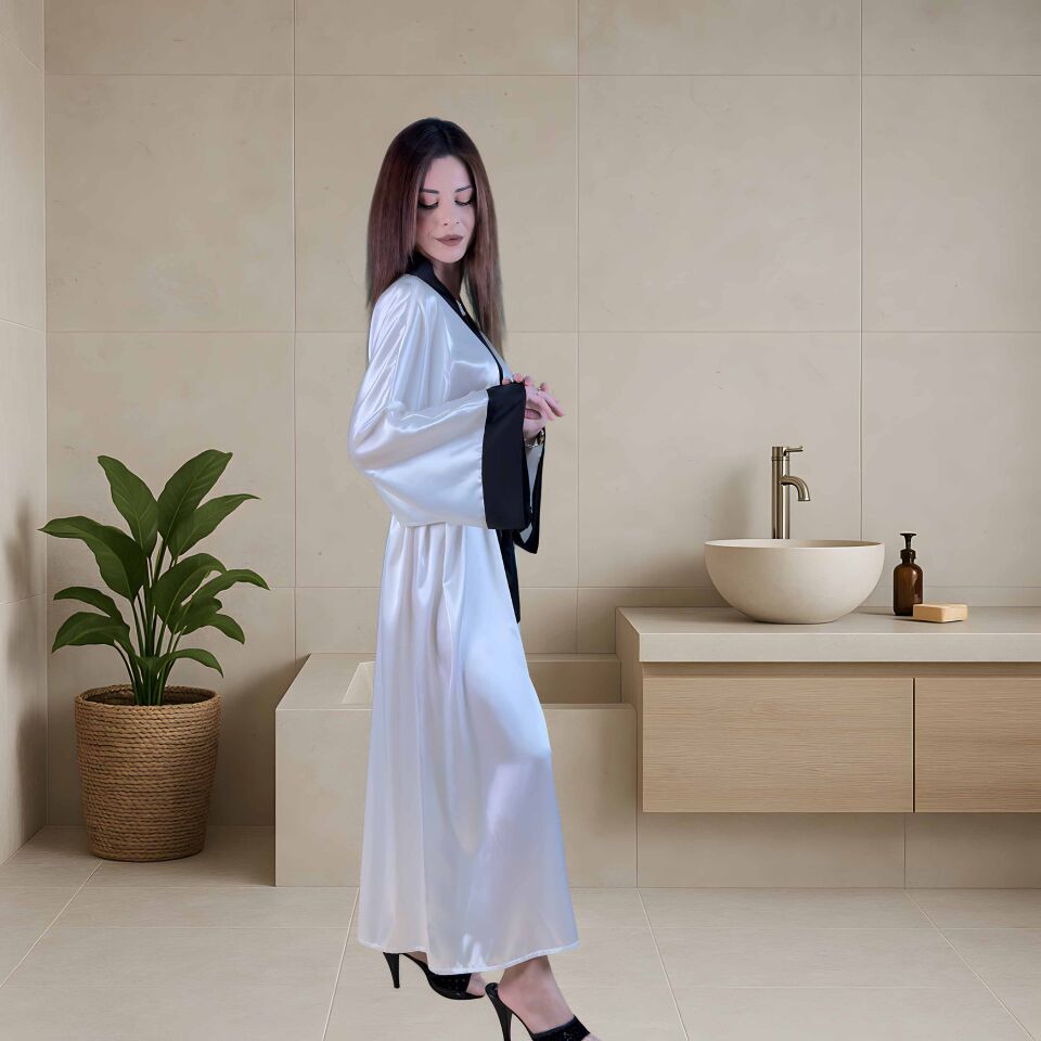 Beyaz Uzun Saten Kimono | Siyah Biyeli Kadın Sabahlık | Lüks Ev Giyimi | Kadın Hediye Giyim XL