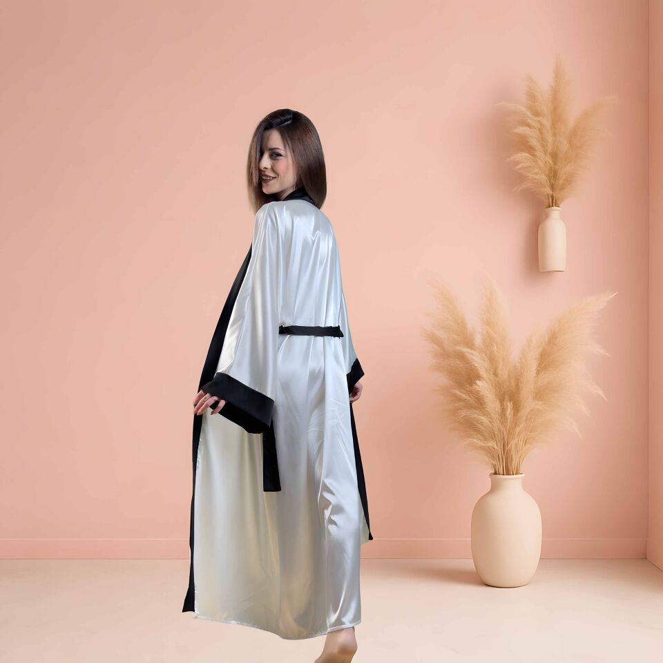 Beyaz Uzun Saten Kimono | Siyah Biyeli Kadın Sabahlık | Lüks Ev Giyimi | Kadın Hediye Giyim XL