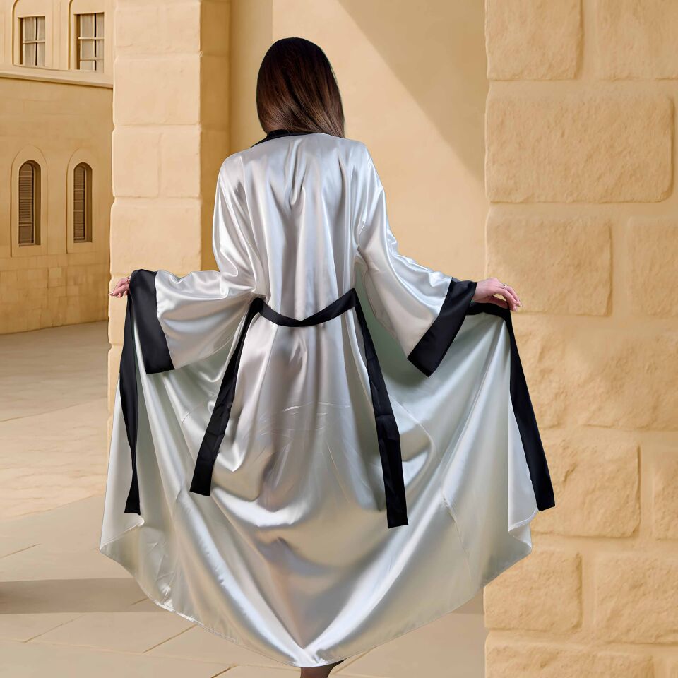 Beyaz Uzun Saten Kimono | Siyah Biyeli Kadın Sabahlık | Lüks Ev Giyimi | Kadın Hediye Giyim XL