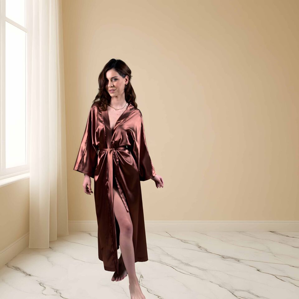 Taba Kahverengi ipek Saten Kimono | Uzun Kuşaklı Kadın Sabahlık | Rahat ve Şık Ev Giyimi XL