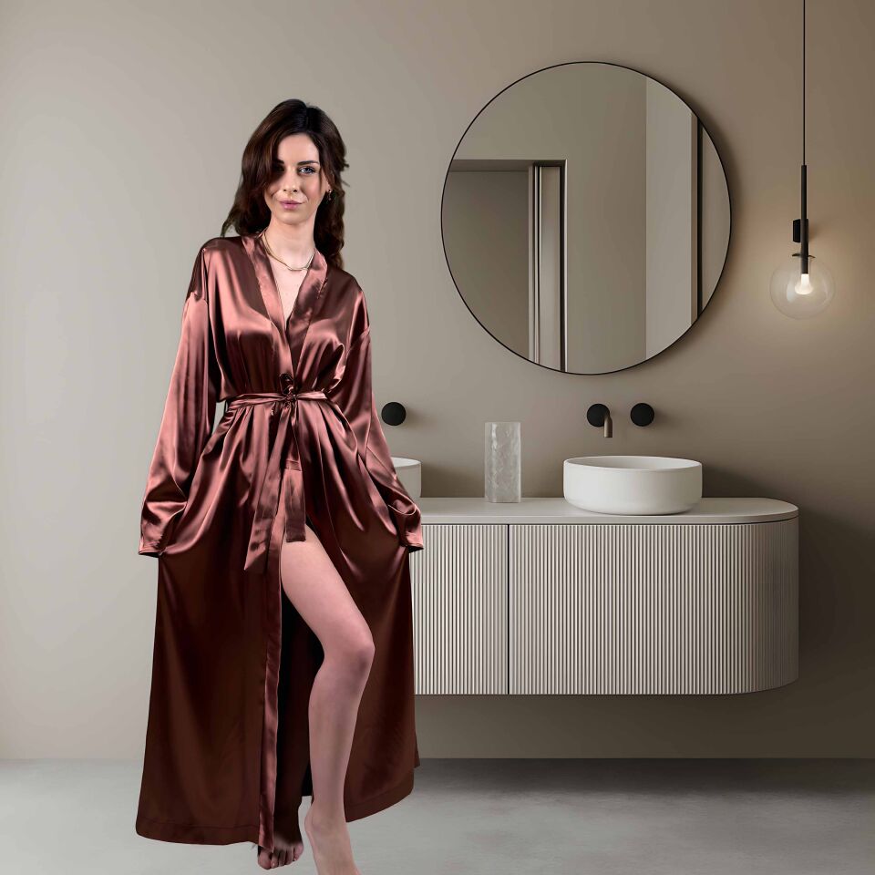 Taba Kahverengi ipek Saten Kimono | Uzun Kuşaklı Kadın Sabahlık | Rahat ve Şık Ev Giyimi XL
