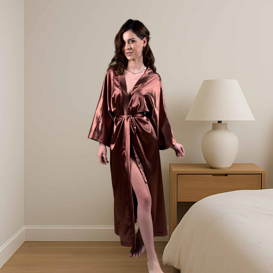 Taba Kahverengi ipek Saten Kimono | Uzun Kuşaklı Kadın Sabahlık | Rahat ve Şık Ev Giyimi XL