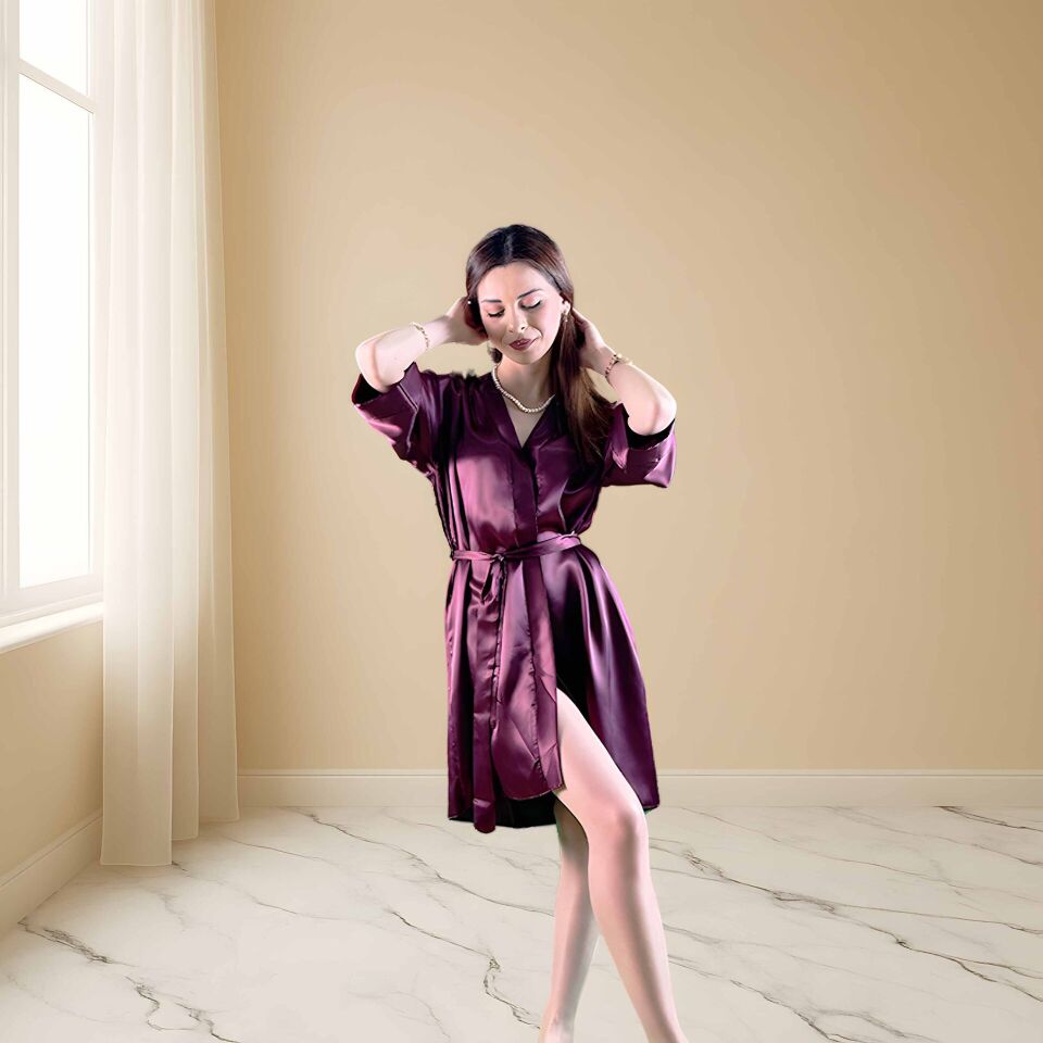 Mor Kısa Saten Kimono | Kadın İpek Sabahlık | Lüks Ev Giyimi Sabahlık S