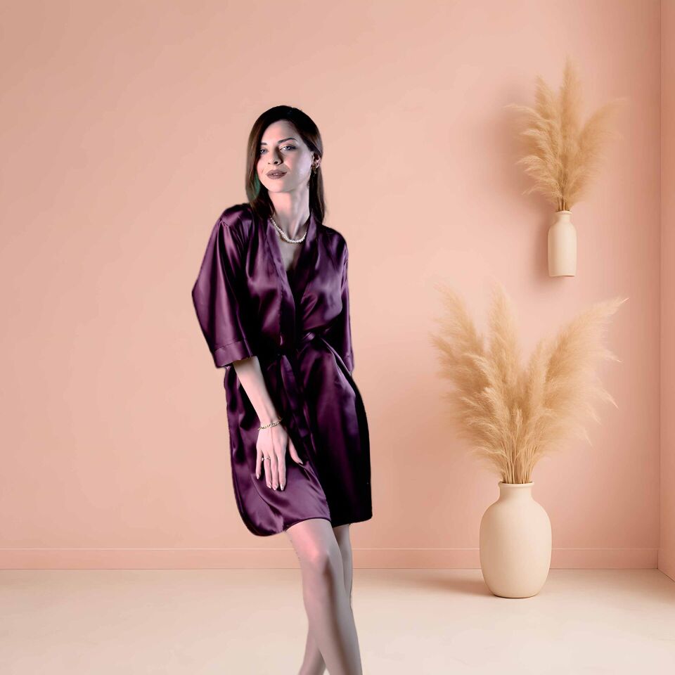 Mor Kısa Saten Kimono | Kadın İpek Sabahlık | Lüks Ev Giyimi Sabahlık XL