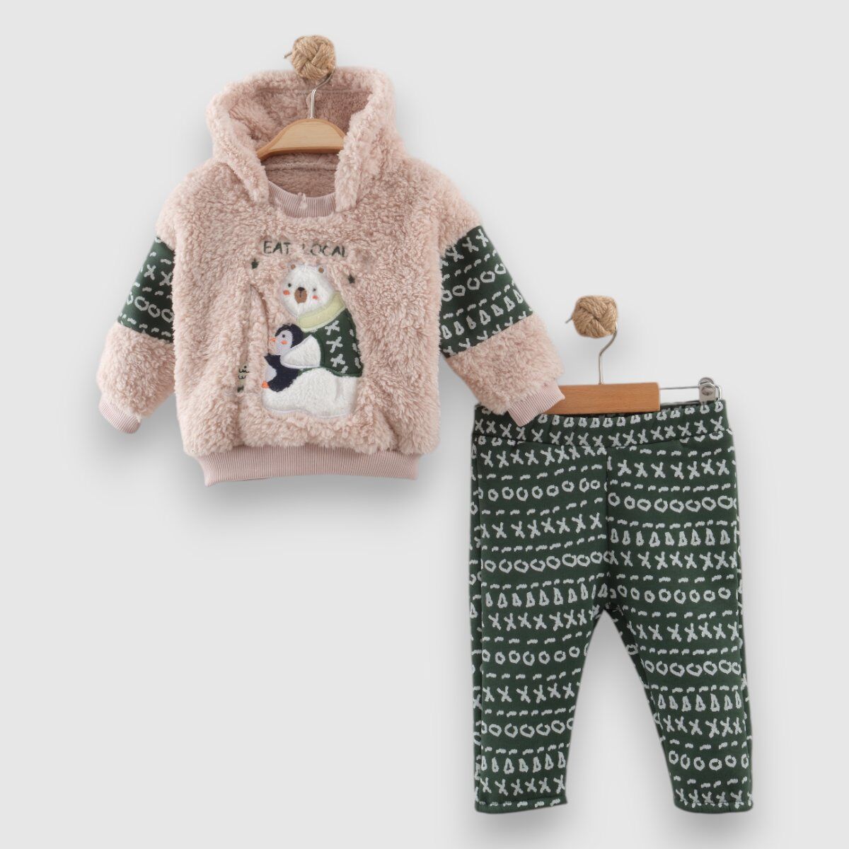 Bebek Alt Üst 2 Li takım elbise, Kapşonlu Kışlık bebek giyim YEŞİL - 12-18 AY