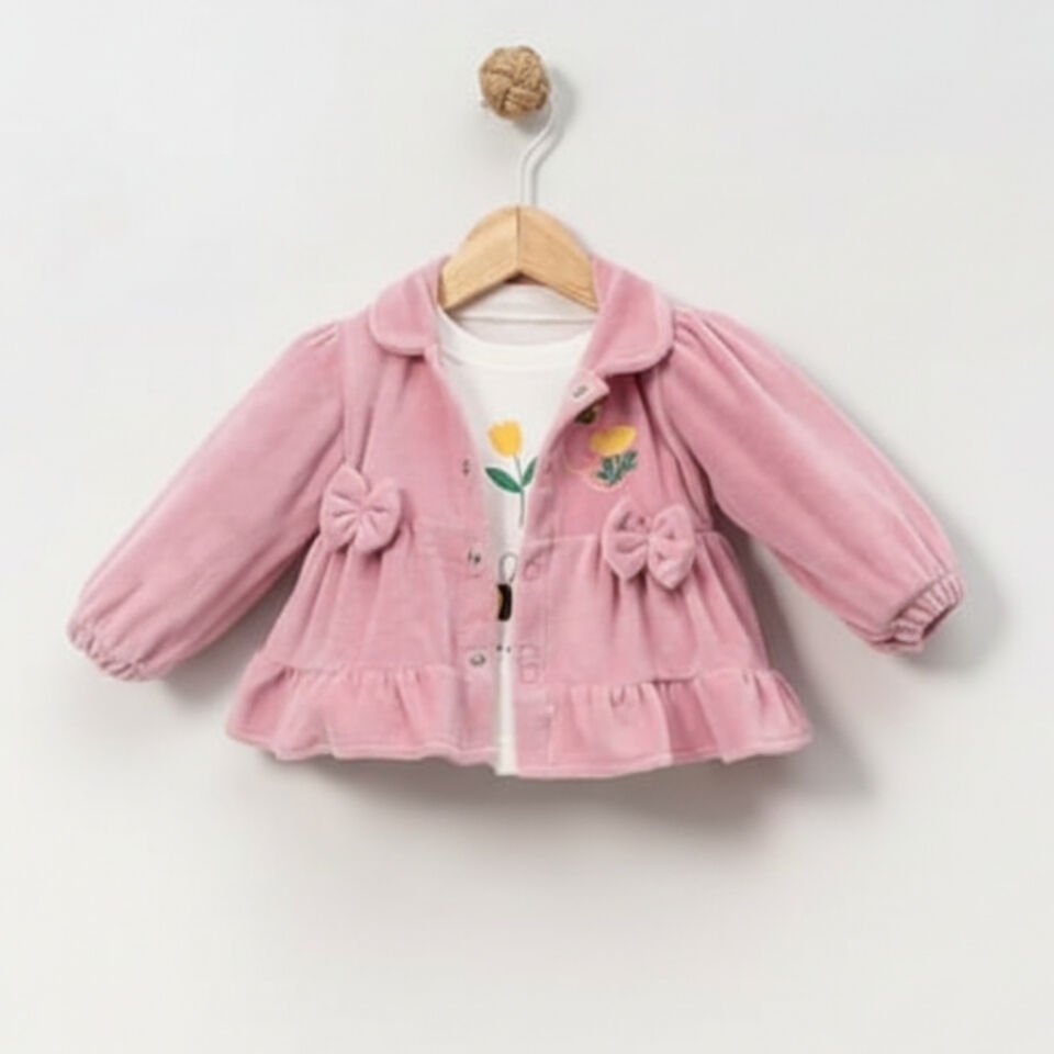 KADİFE KIZ BEBEK 3 LÜ TAKIM ELBİSE, Kapüşonlu Hırka, Tişört ve Pantolon PEMBE - 0-3 AY