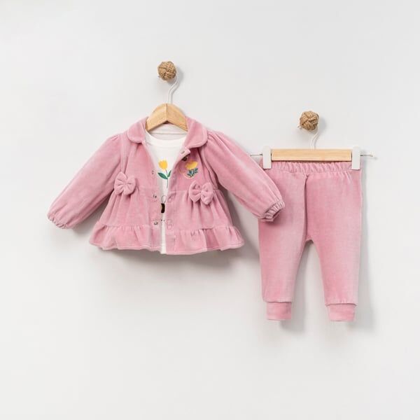 KADİFE KIZ BEBEK 3 LÜ TAKIM ELBİSE, Kapüşonlu Hırka, Tişört ve Pantolon PEMBE - 9-12 AY