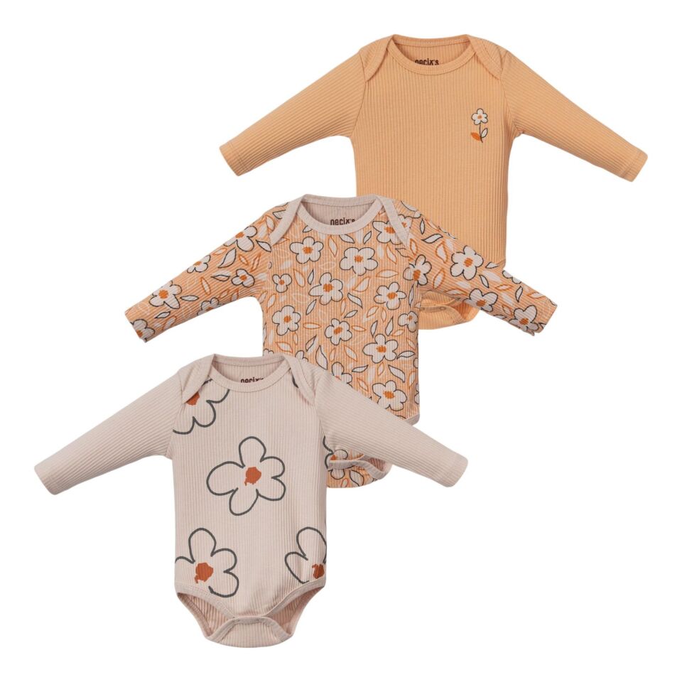3 adet Kız bebek Çıtçıtlı Body Seti, Bebek badi uzun kol, Şık bebek kyafet 0-3 AY