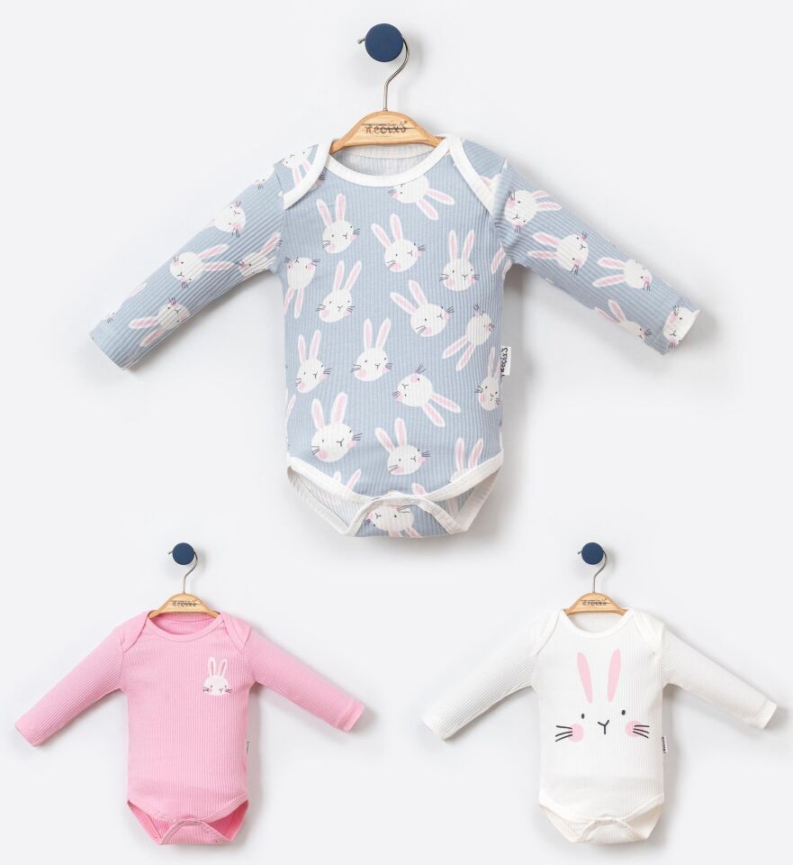 %100 Pamuk 3 Adet Kız Bebek Body, Çıtçıtlı Bebek Badi, Uzun Kollu Bebek Zıbın Body 3-6 AY