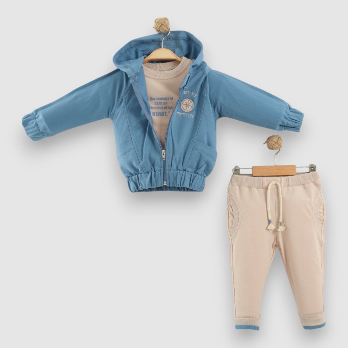 3 Lü Erkek Bebek Takımı seti, Kapüşonlu Fermuarlı Ceket, Pijama Mevsimlik Takım Mavi - 18-24 AY