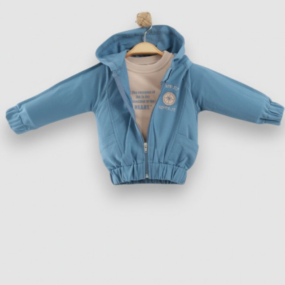 3 Lü Erkek Bebek Takımı seti, Kapüşonlu Fermuarlı Ceket, Pijama Mevsimlik Takım Mavi - 18-24 AY