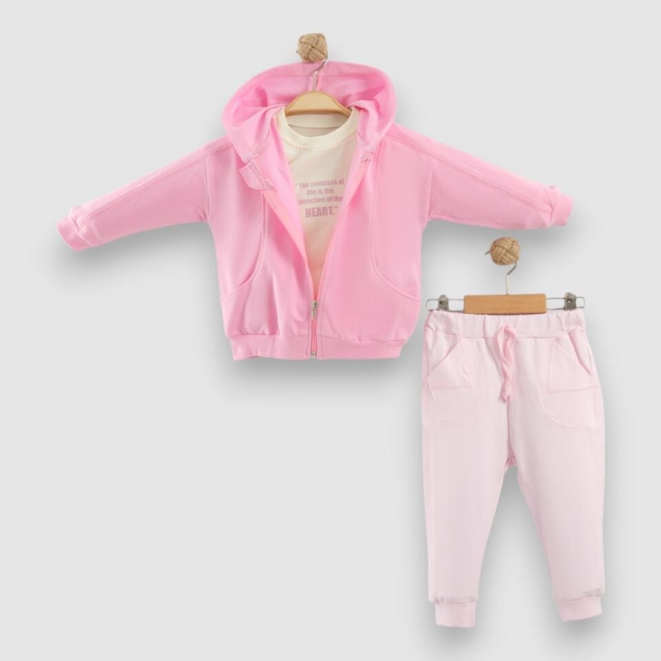 3 Lü Kız Bebek Takımı seti, Kapüşonlu Fermuarlı Ceket, Pijama Mevsimlik Takım