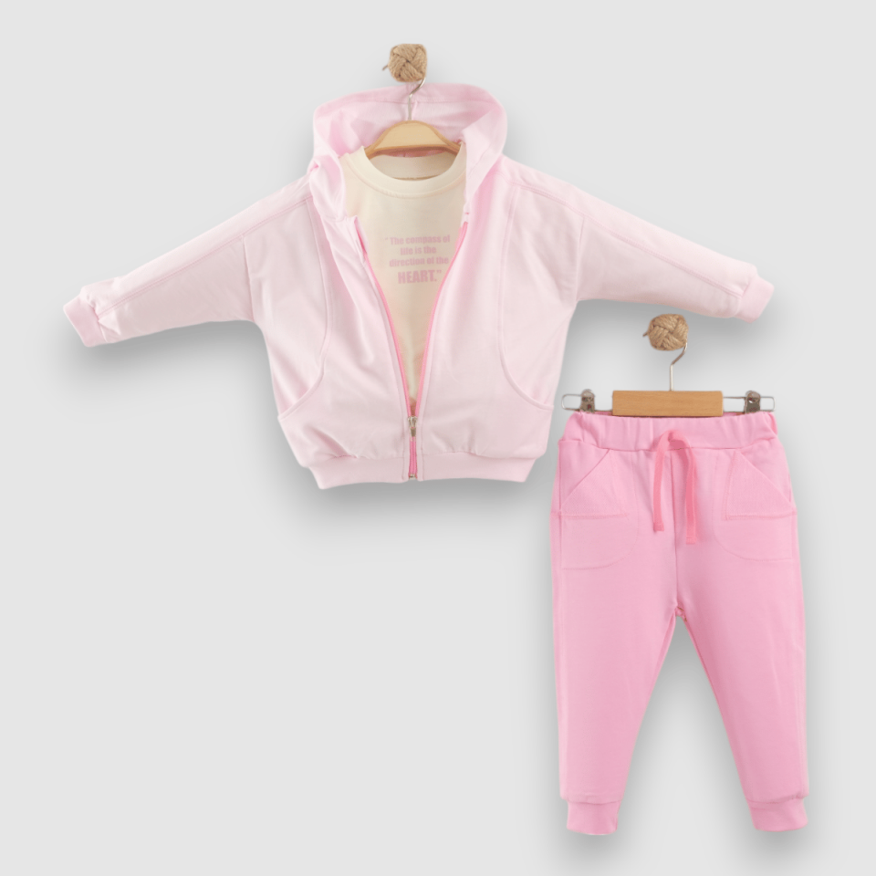 3 Lü Kız Bebek Takımı seti, Kapüşonlu Fermuarlı Ceket, Pijama Mevsimlik Takım Masal Pembe - 9-12 AY