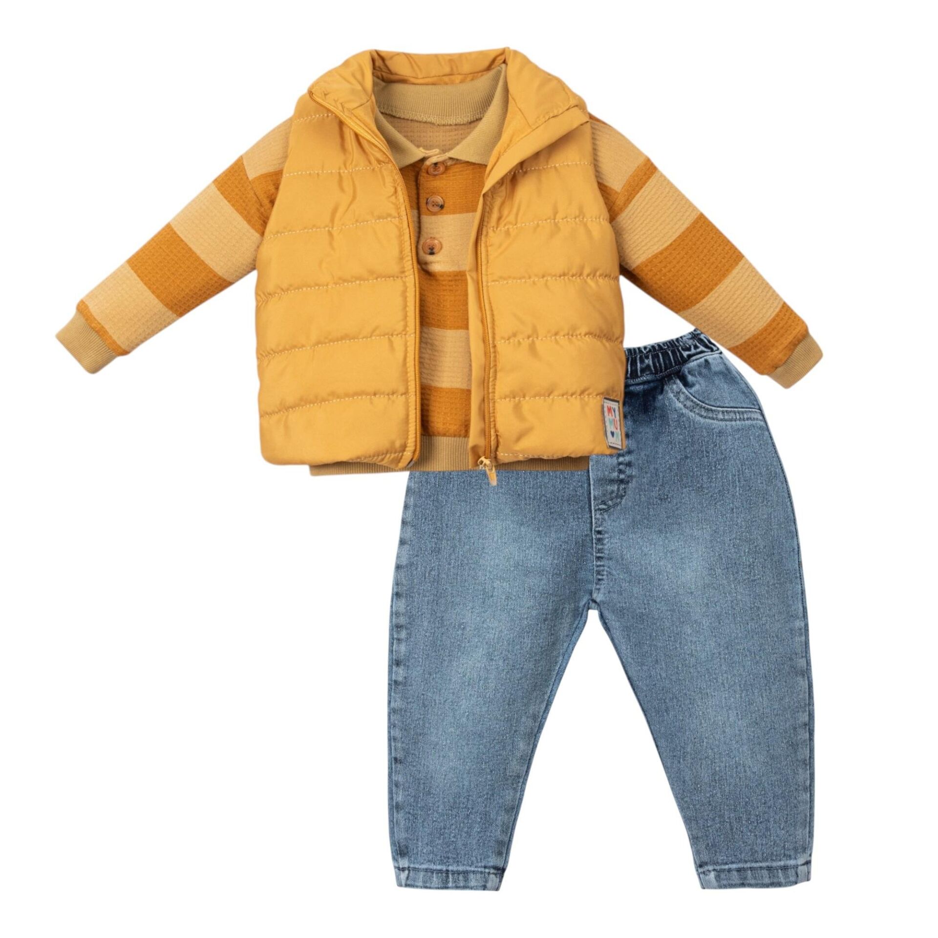 Erkek Bebek 3 lü Takım, Erkek Bebek kışlık giyim, Kışlık Yelek pantolon Sarı - 18-24 AY