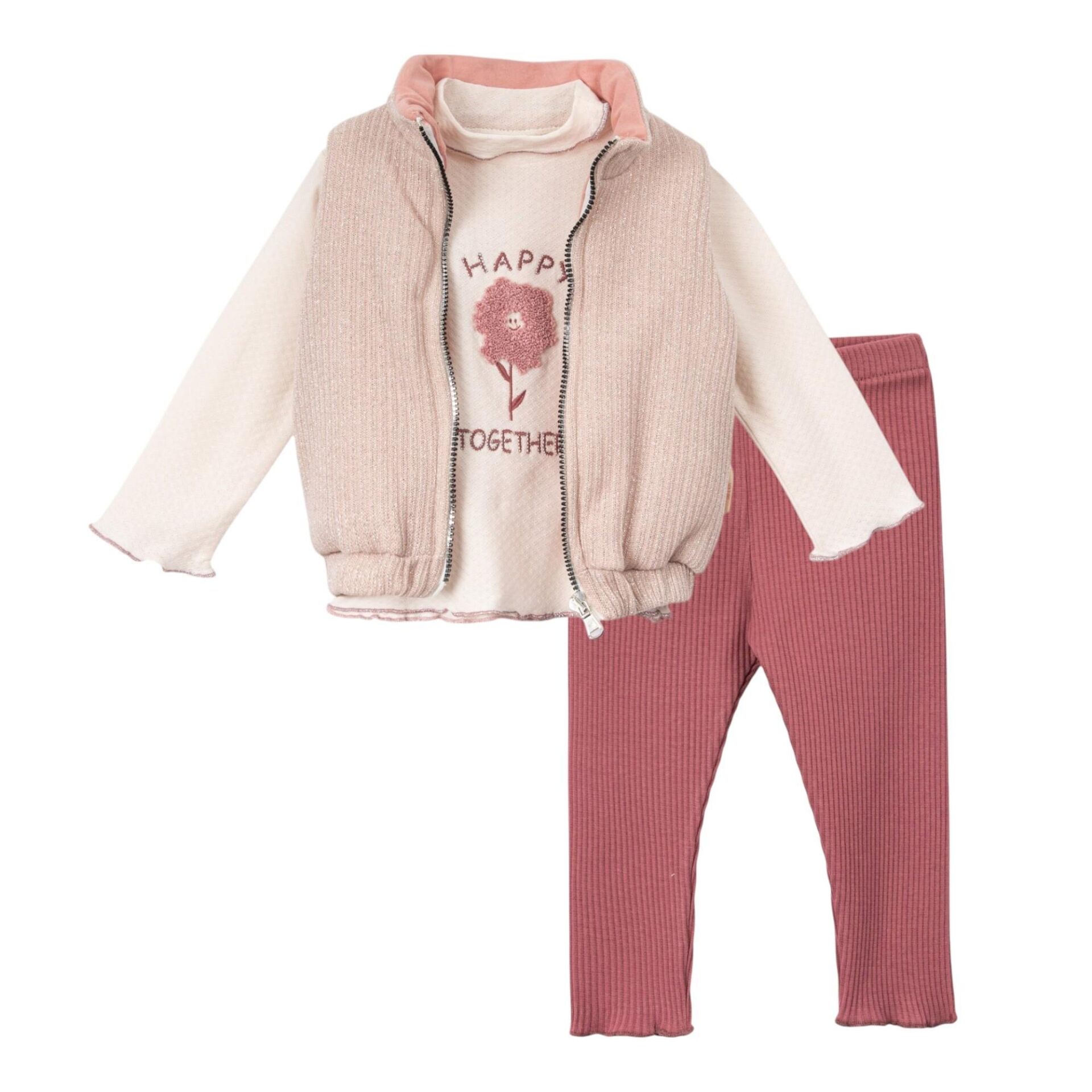 Yelekli Kız Bebek 3 lü Takım, Kız bebek çocuk kışlık elbise takımı, Kız çocuk için şık takım Gül Kurusu - 12-18 AY