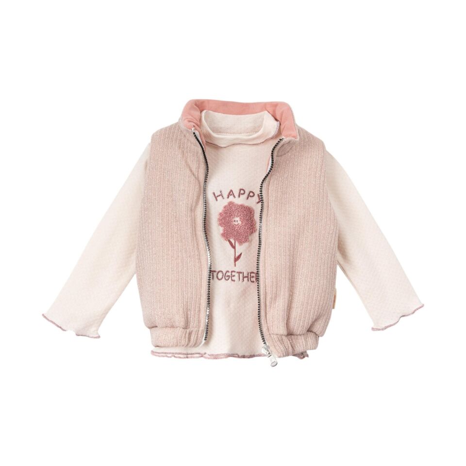 Yelekli Kız Bebek 3 lü Takım, Kız bebek çocuk kışlık elbise takımı, Kız çocuk için şık takım Gül Kurusu - 12-18 AY