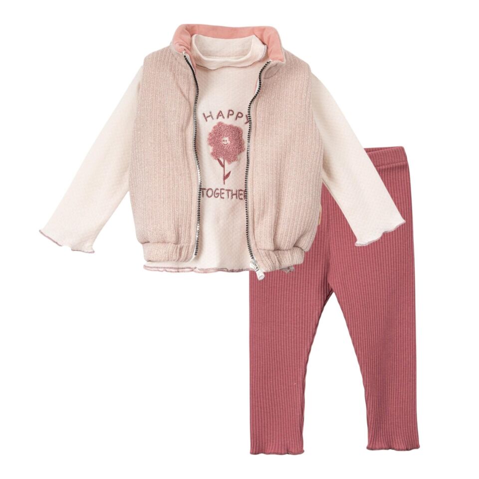 Yelekli Kız Bebek 3 lü Takım, Kız bebek çocuk kışlık elbise takımı, Kız çocuk için şık takım Gül Kurusu - 18-24 AY