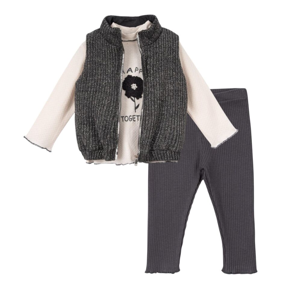 Yelekli Kız Bebek 3 lü Takım, Kız bebek çocuk kışlık elbise takımı, Kız çocuk için şık takım Füme - 18-24 AY