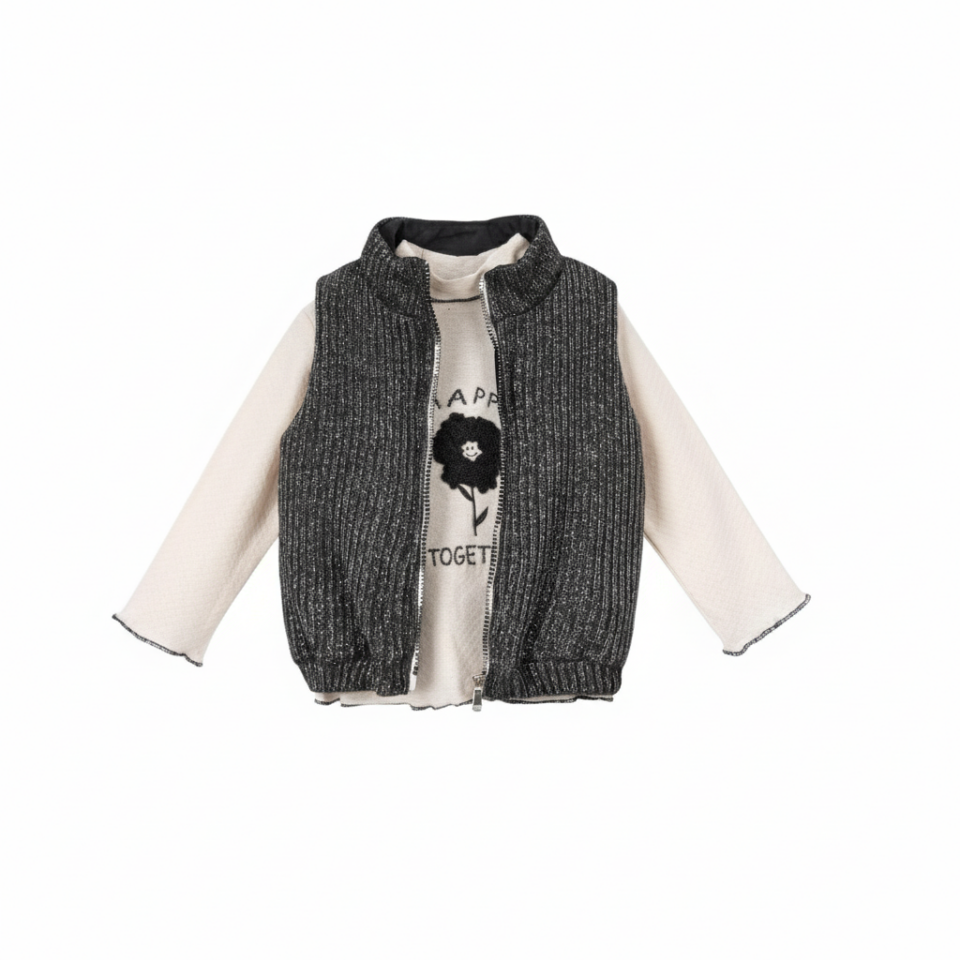 Yelekli Kız Bebek 3 lü Takım, Kız bebek çocuk kışlık elbise takımı, Kız çocuk için şık takım Füme - 18-24 AY