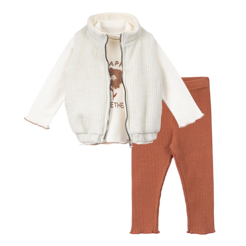 Yelekli Kız Bebek 3 lü Takım, Kız bebek çocuk kışlık elbise takımı, Kız çocuk için şık takım Krem - 12-18 AY