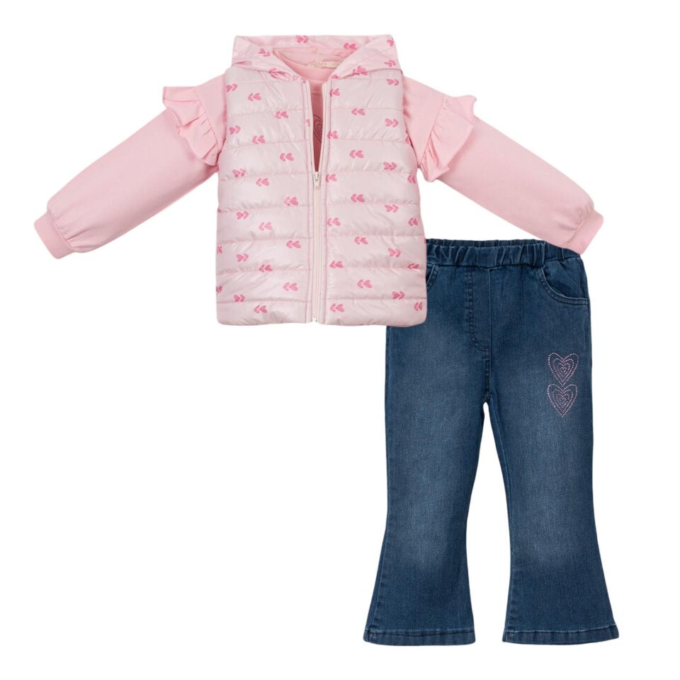 Kalp Desenli Şişme Yelekli & kot pantolon Kız Bebek Çocuk 3 lü Takım, kışlık elbise Alt üst takım 1-2 Yaş - PEMBE