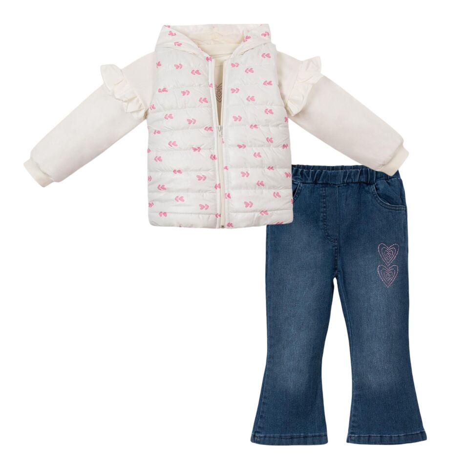 Kalp Desenli Şişme Yelekli & kot pantolon Kız Bebek Çocuk 3 lü Takım, kışlık elbise Alt üst takım 2-3 Yaş - Krem
