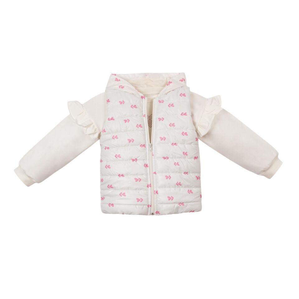 Kalp Desenli Şişme Yelekli & kot pantolon Kız Bebek Çocuk 3 lü Takım, kışlık elbise Alt üst takım 2-3 Yaş - Krem