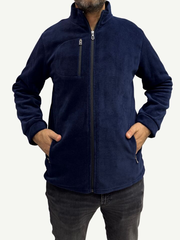 Unisex Anti-pilling Tüylenme Yapmayan Polar hırka, Fermuarlı 3 cepli Dik Yaka Soğuk Geçirmez Polar S - LACİVERT