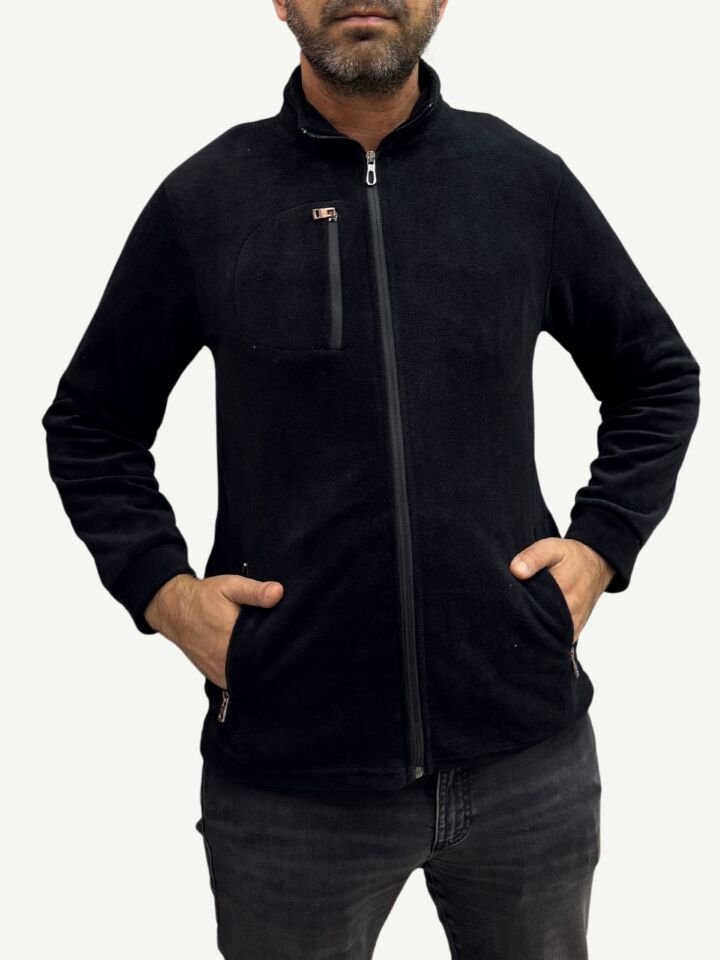 Unisex Anti-pilling Tüylenme Yapmayan Polar hırka, Fermuarlı 3 cepli Dik Yaka Soğuk Geçirmez Polar L - Siyah