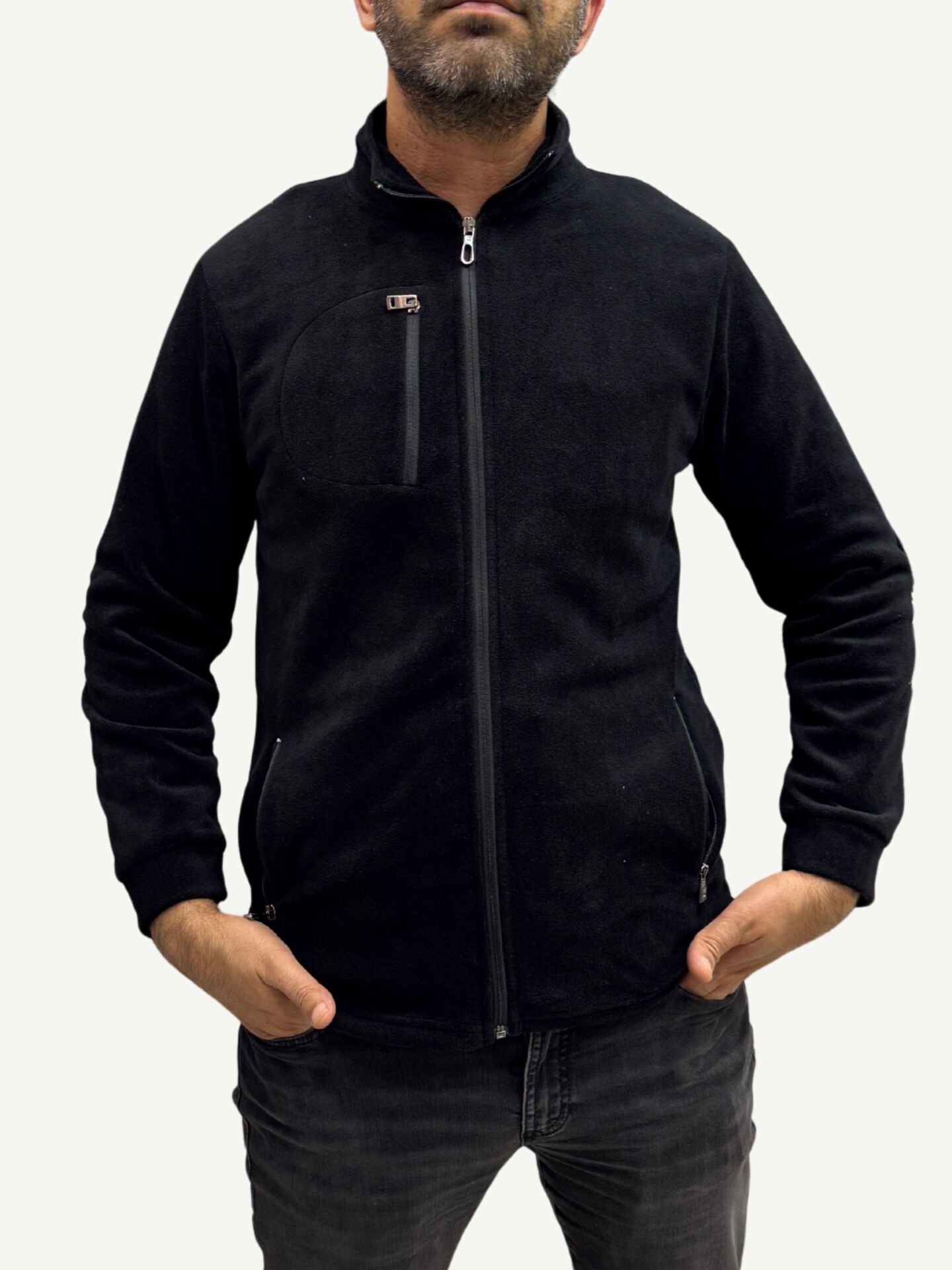 Unisex Anti-pilling Tüylenme Yapmayan Polar hırka, Fermuarlı 3 cepli Dik Yaka Soğuk Geçirmez Polar XL - Siyah