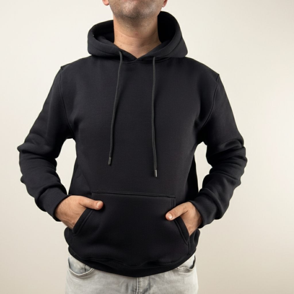 Erkek Oversize Kapüşonlu Pamuklu Sweatshirt, 3 iplik içi polarlı şardonlu kalın kışlık sweat L - Siyah