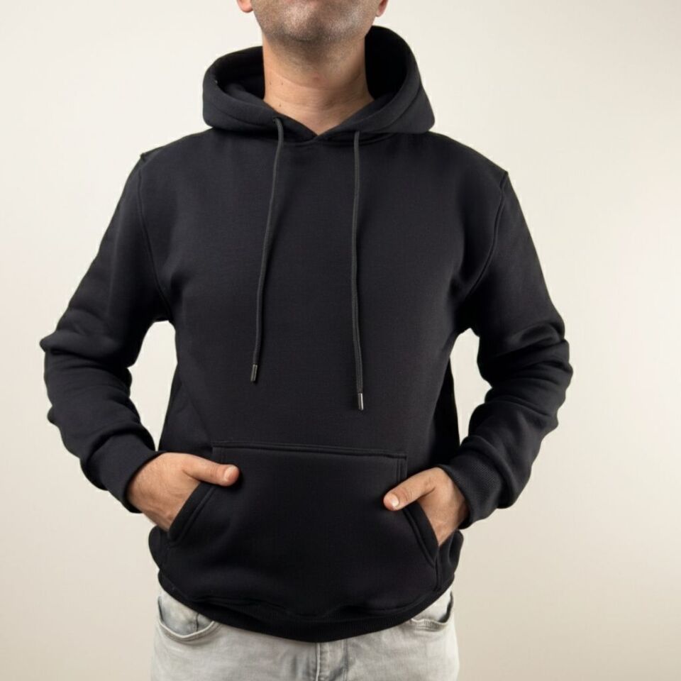 Erkek Oversize Kapüşonlu Pamuklu Sweatshirt, 3 iplik içi polarlı şardonlu kalın kışlık sweat L - Siyah