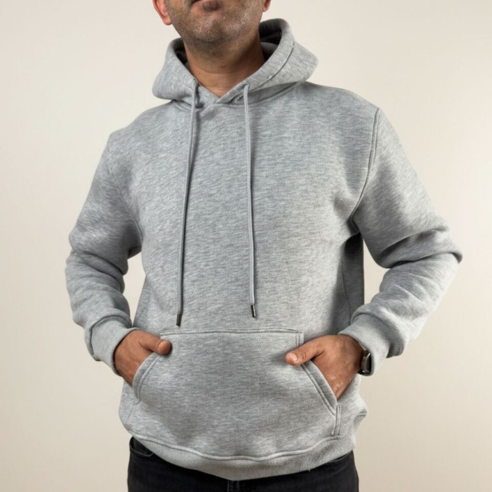 Erkek Oversize Kapüşonlu Pamuklu Sweatshirt, 3 iplik içi polarlı şardonlu kalın kışlık sweat XL